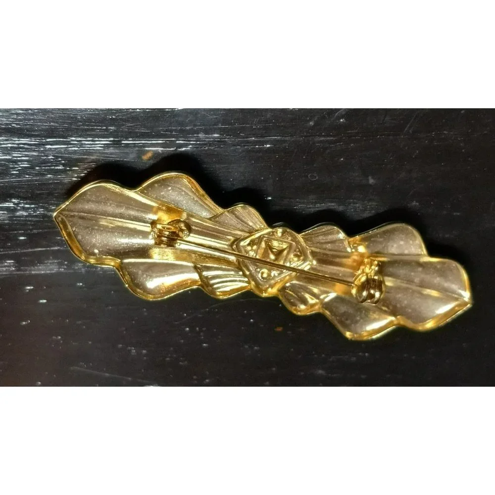 Vintage Rhinestone Gold‎ Tone Bar Bow Brooch Pin
